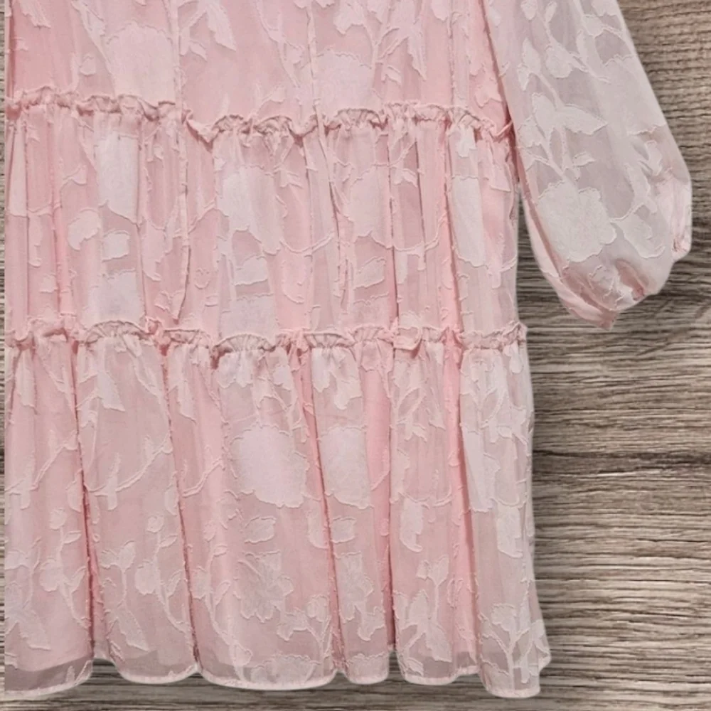 Eloquii Mini Pink Chiffon Tiered Ruffle Dress with Bow Neck Long Sleeve Boho